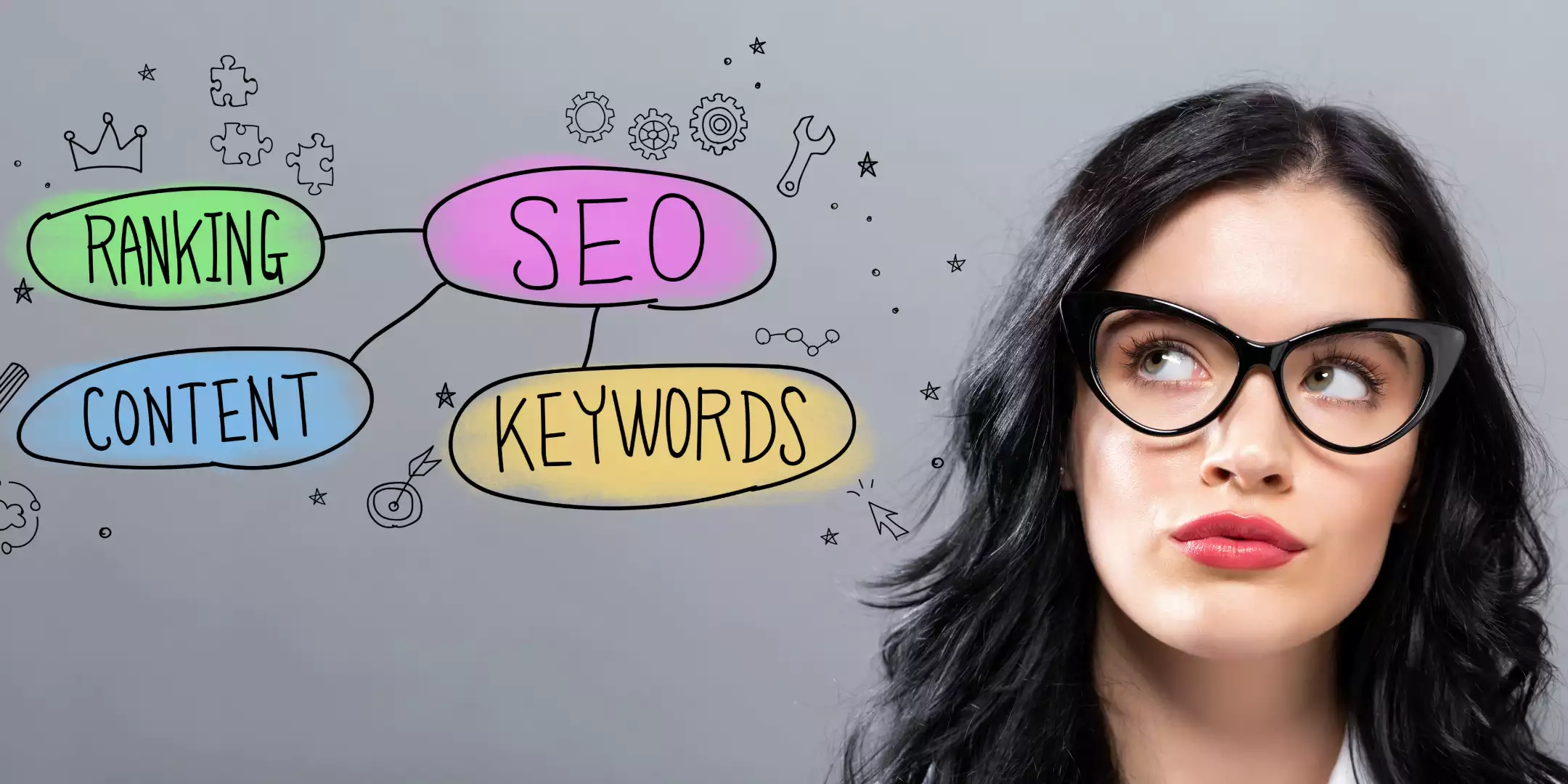 A woman with glasses looking up at a diagram of keywords