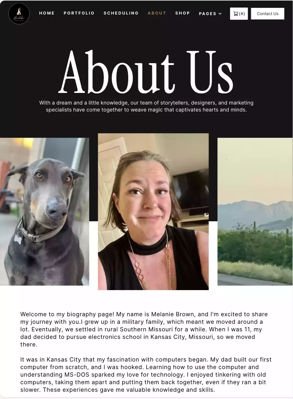 A woman and a dog are featured in a website